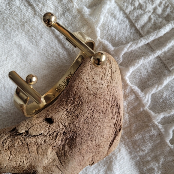 Brass bangle cuff bracelet barbell spheres. - Picture 2 of 6